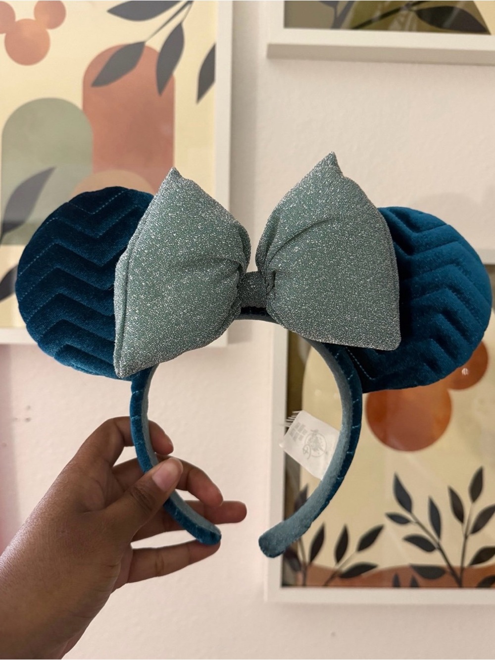 Disney Teal Velvet Mouse Ear Headband with Glitter Mint Bow